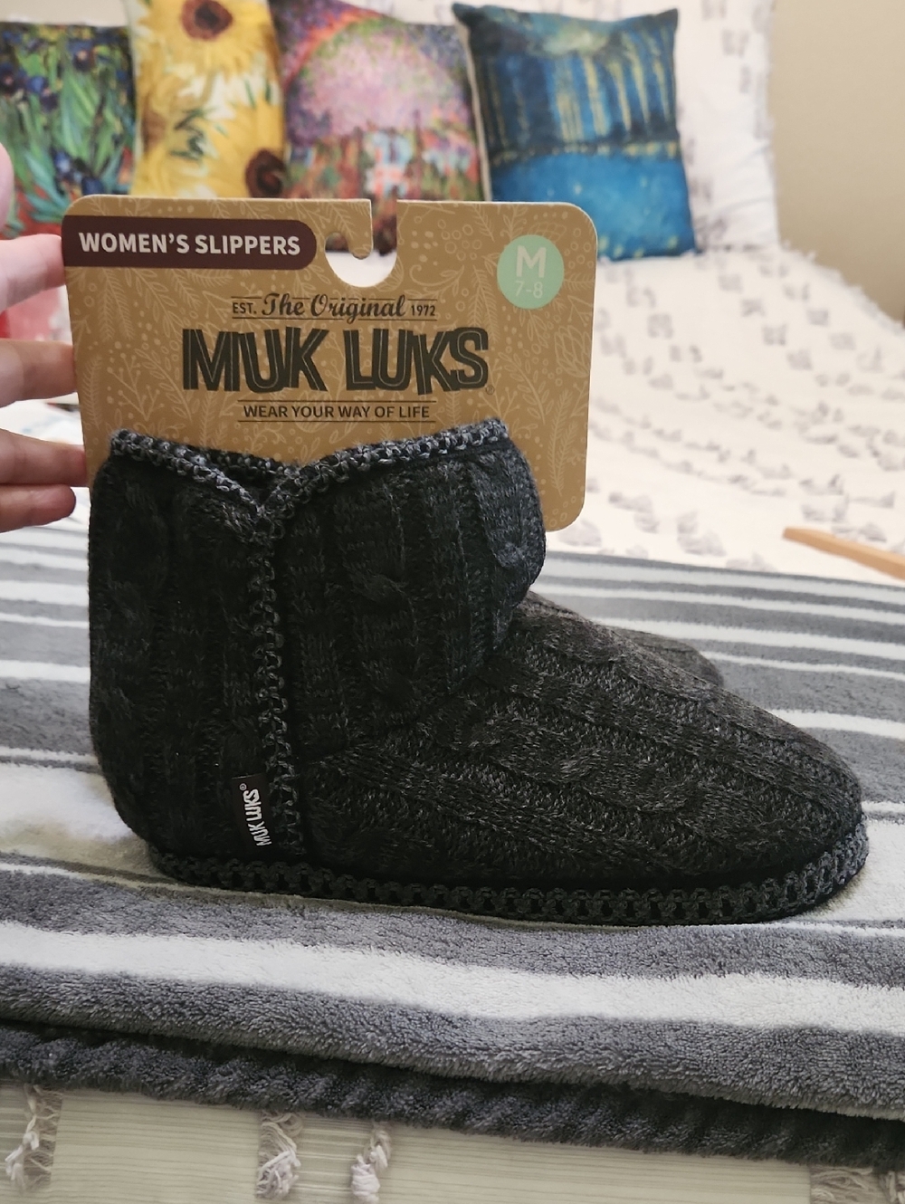 Muk Luks Women's Knit Cable Slipper Bootie - Charcoal